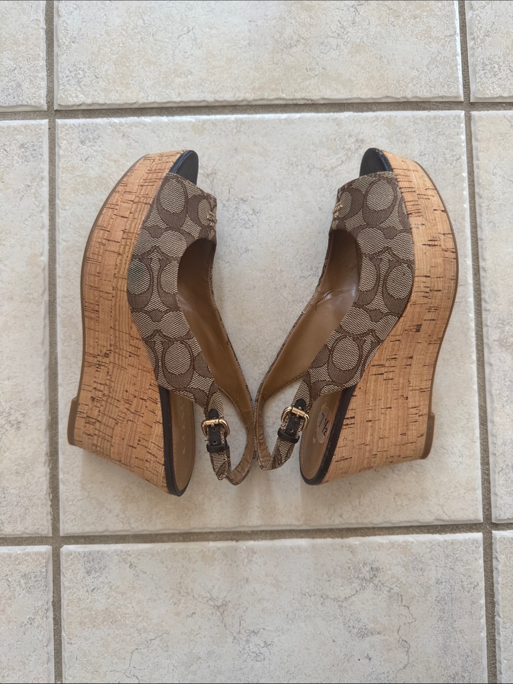 COACH Brown Signature Canvas Peep-Toe Slingback Wedges - Picture 4 of 10